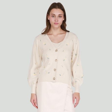 DV L/S knit cardigan with buttons and embroidered flowers, Embroidered knit cardigan