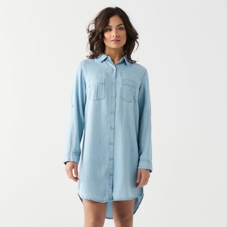 DV Mini button down denim shirt dress with L/S, Long-sleeved button down tencel dress