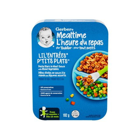 GERBER LIL' ENTRÉES Pasta Stars In Meat Sauce With Mixed Vegetables,  For 12 Months & Up, Full Toddler Meal, Corn, Carrots, Peas, No Preservatives, Source of Iron, 192g