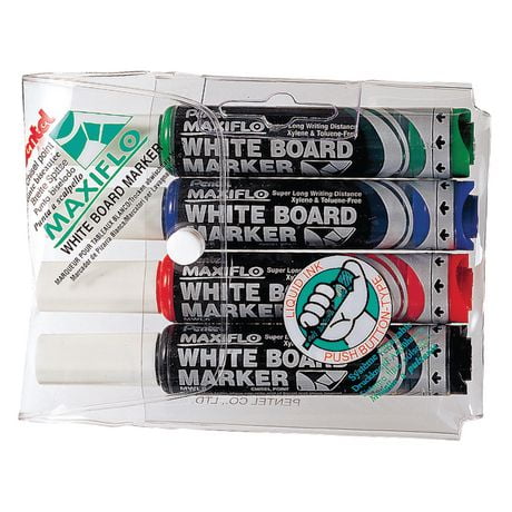 Pentel Liquid Ink White Board Marker, Chisel Tip, 4 Pack; Black, Blue, Red, Green