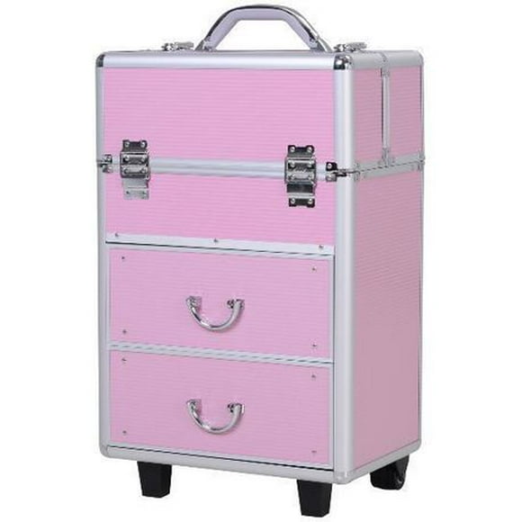 Soozier Professional Rolling Makeup Case Salon Beauty Cosmetic Jewelry Organizer Trolley, Pink