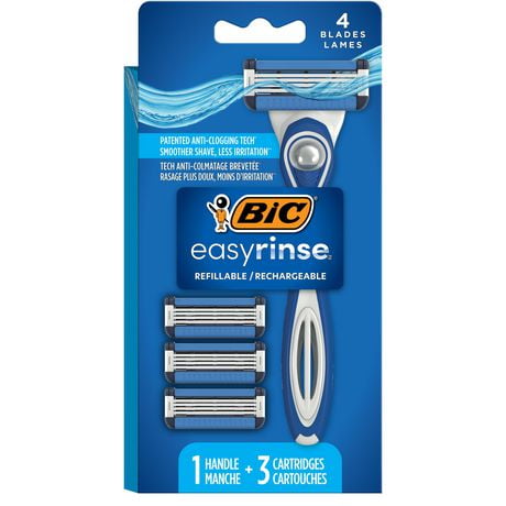 BIC EasyRinse Anti-Clogging, Refillable Men's Razors With 4 Blades, 1 Handle and 3 Refill Razor Cartridges Razor Kit, 1 Handle and 3 Cartridges