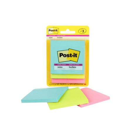 Post-it® Super Sticky Notes 3321-SSMIA-C, Miami Collection, 3 in x 3 in (76 mm x 76 mm), 3 Pads/Pack, 45 Sheets/Pack