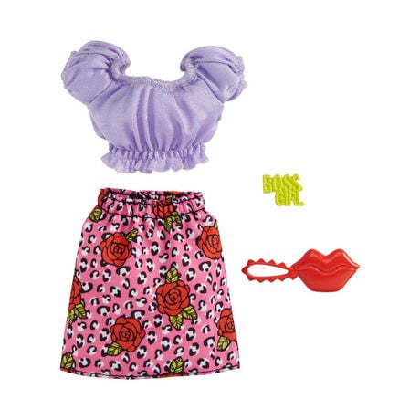​Barbie Fashion Pack with Purple Crop Top, Floral Skirt, Lip-Shaped Purse & ‘Boss Girl’ Hair Pin