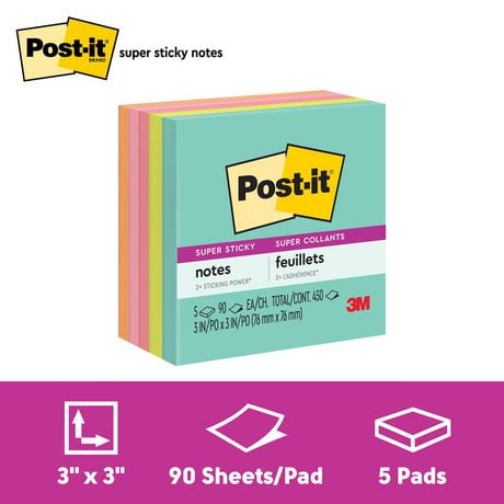 Post-it® Super Sticky Notes, Miami Collection, 90 Sheets/Pad, 5 Pads/Pack, 3 in x 3 in (7.6 cm x 7.6 cm)