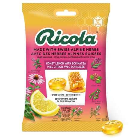 Pastilles pour soulager le mal de gorge Ricola à saveur de miel-citron avec échinacée 19 pastilles