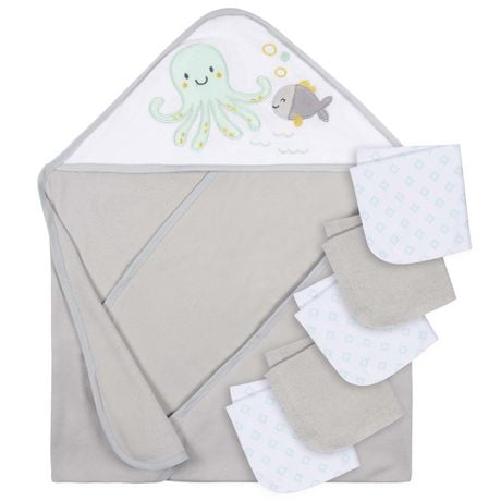 Parent’s Choice Hooded Towel And 5 Washcloths Set, Neutral, 6 Pieces