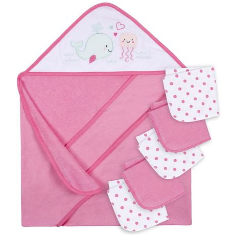 Parent’s Choice Hooded Towel And 5 Washcloths Set, Girl, 6 Pieces