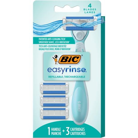 BIC EasyRinse Anti-Clogging, Refillable Women's Razors With 4 Blades, 1 Razor Handle and 3 Refill Razor Cartridges Razor Kit, 1 Handle + 3 Cartridges