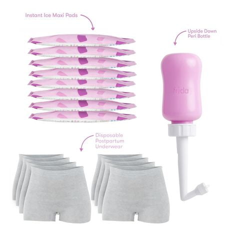 Frida Mom - Intro Bundle - Upside Down Peri Bottle + Boyshort Disposable Postpartum Underwear + Instant Ice Maxi Pads