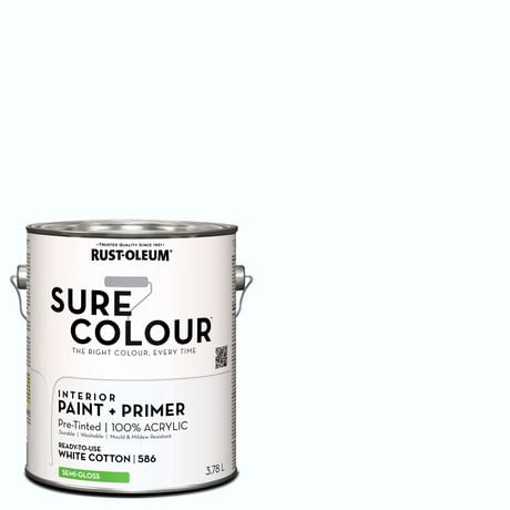 Rust-Oleum Sure Colour™ Peinture + Apprêt, Intérieur Semi-lustré, Coton Blanc 3,78L 3,78L