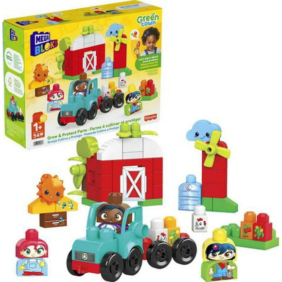 Mega Bloks Green Town Grow & Protect Farm Building Set, 54 big building blocks and special pieces with 3 buildable characters, rolling tractor, barn, crops and beehive, toy gift set for ages 1-5