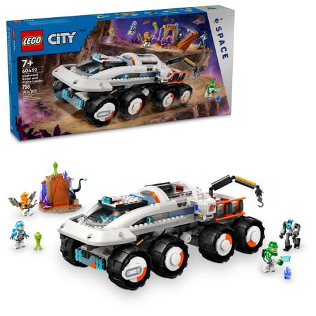 LEGO City Command Rover and Crane Loader Outer Space Toy Building Set, 4 Astronaut Toy Minifigures, Space Robot, 2 Alien Action Figures, Gift for 7 Year Old Boys, Girls, and Kids, 60432, Includes 758 Pieces, Ages 7+