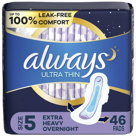 Always Ultra Thin Pads Size 5 Extra Heavy Overnight Absorbency Unscented with Wings, 46 Count