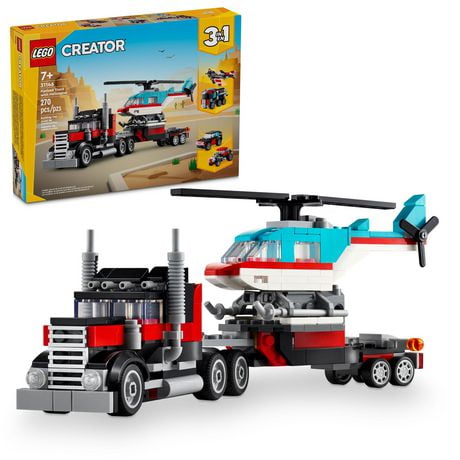 LEGO Creator 3 in 1 Flatbed Truck with Helicopter Toy, Transforms from Flatbed Truck Toy to Propeller Plane to Hot Rod and SUV Car Toys, Gift Idea for Boys and Girls Ages 7 Years Old and Up, 31146, Includes 270 Pieces, Ages 7+