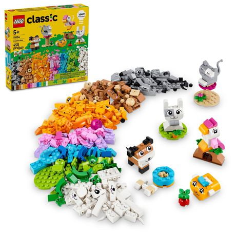 LEGO Classic Creative Pets, Building Brick Animals Toy, Kids Build a Dog, Cat, Rabbit, Hamster and Bird, Gift for Animal-Loving Boys and Girls Aged 5 and Up, Great Build Together Toy, 11034, Includes 450 Pieces, Ages 5+