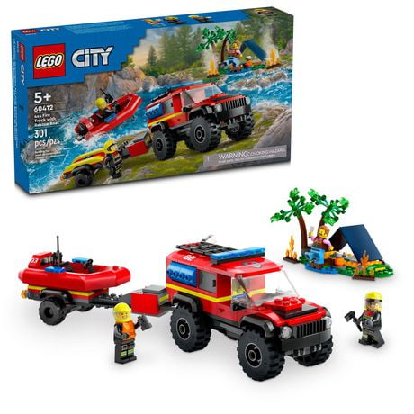 LEGO City 4x4 Fire Truck with Rescue Boat Toy for Kids Ages 5 and Up, Pretend Play Toy for Boys and Girls with a Truck Toy, Trailer, Dinghy and Tent, Plus 1 Camper and 2 Firefighter Minifigures, 60412, Includes 301 Pieces, Ages 5+