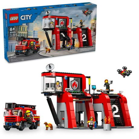 LEGO City Fire Station with Fire Truck Toy, Action Packed Fire Station Toy Playset, Birthday Gift Idea for Kids Ages 6 and Up who Love Pretend Play Toys, Includes a Dog Figure and 5 Minifigures, 60414, Includes 843 Pieces, Ages 6+