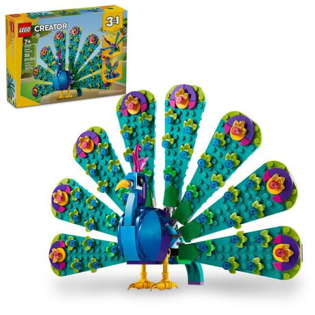LEGO Creator 3 in 1 Exotic Peacock Toy, Transforms from Peacock to Dragonfly to Butterfly Toy, Play-and-Display Gift Idea for Boys and Girls Ages 7 Years Old and Up, Bird Toy, 31157, Includes 355 Pieces, Ages 7+
