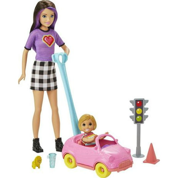 Coffret petite fille et voiture! Barbie Skipper Baby-Sitter avec Poupée Enfant, Voiture pour Enfant, Feu Tricolore, Cône, Gobelet et Jouet Lion