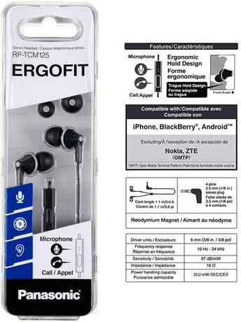 Écouteurs intra-auriculaires Panasonic ErgoFit avec micro et contrôleur 