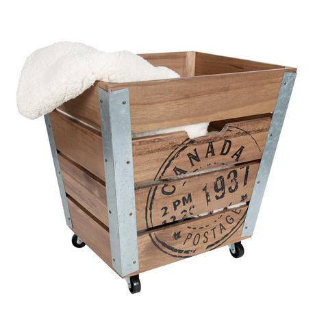 Canadiana Wood Storage Crate On Wheels, Wooden Storage Box On Wheels
