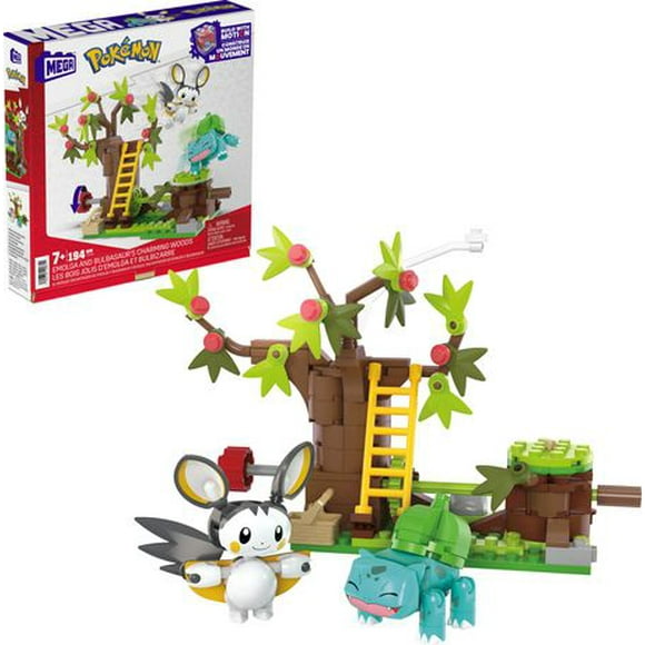 MEGA Pokemon Emolga and Bulbasaur's Charming Woods Building Toy Kit (194 Pieces) for Kids, Ages 7+