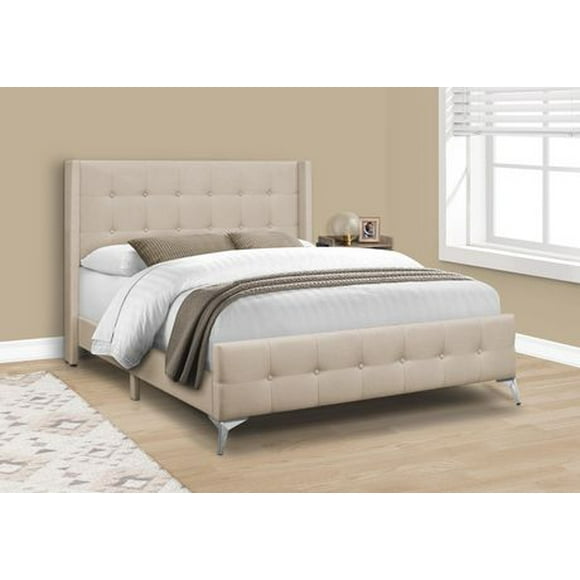 Monarch Specialties Bed, Queen Size, Platform, Bedroom, Frame, Upholstered, Linen Look, Metal Legs, Beige, Chrome, Transitional