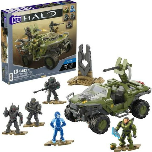 MEGA HALO FLEETCOM Warthog Vehicle Building Kit with 5 Micro Action Figures (462 pieces), Ages 13+
