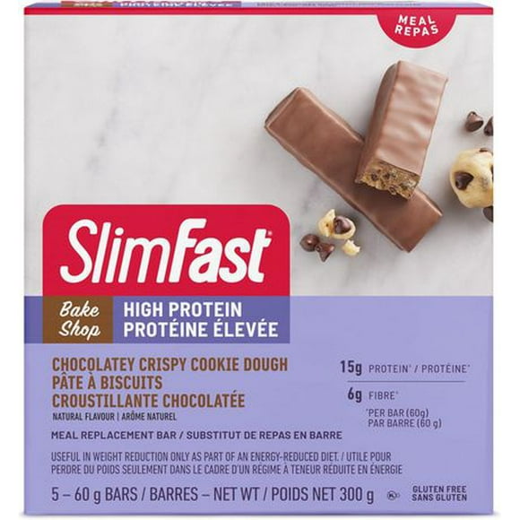 SlimFast Bake Shop Meal Replacement Bars Chocolatey Crispy Cookie Dough, 5 - 60g Bars