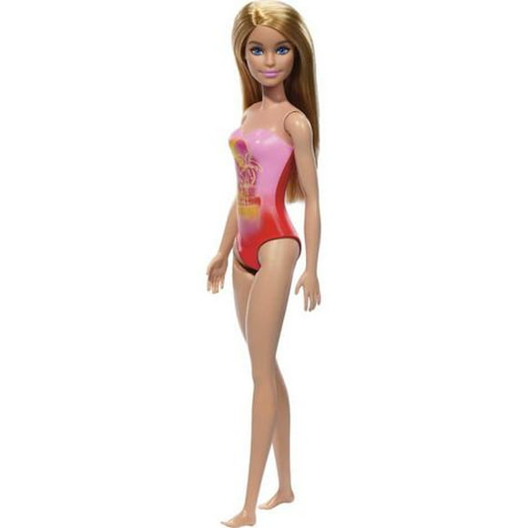 Beach Barbie Doll with Blond Hair Wearing Pink Palm Tree-Print Swimsuit, Ages 3+