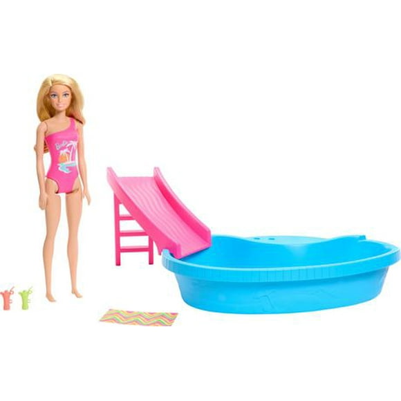 Barbie Coffret de jeu et poupée, blonde, piscine, serviette, boissons Âges 3+