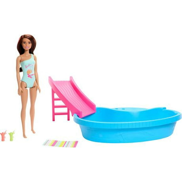 Barbie Coffret et poupée, brunette, piscine, serviette, boissons Âges 3+