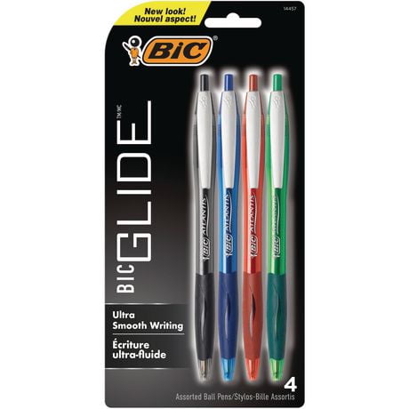 BIC Glide Retractable Ball Pen, Medium Point (1.0 mm), Assorted Colours, Comfortable Rubber Grip, 4-Count, 4 Pens