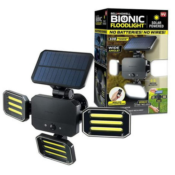 Bell + Howell Bionic Floodlight 180 Degrees Swiveling Light, Solar-Powered, Motion-Sensing, Outdoor/in All-Season w/ 108 High Power LED Bulbs in Adjustable Panels – Remote Control, Floodlight