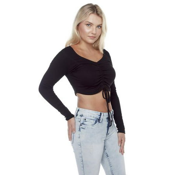 Jeaniologie ™  Women Ribbed Long Sleeved Cropped Front Ruched Top - Black