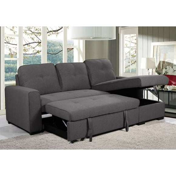 Aerys Edison Linen Sectional Sofa bed in Grey with Tufted Back Style