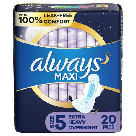 Always Maxi Pads Size 5 Extra Heavy Overnight Absorbency Unscented with Wings, 20 Pads