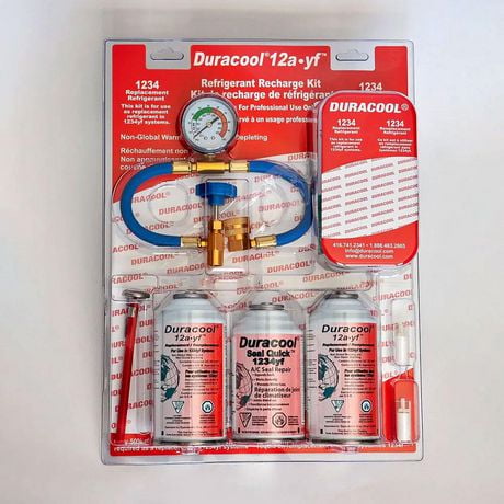 Duracool 12a-yf Deluxe Refrigerant Recharge Kit for 1234yf A/C systems. Contains 2 Cans 1234 Replacement Refrigerant, 1 can 12a- yf SealQuick, 1234 Charging Hose with Gauge & Quick Connect, Vent Thermometer.