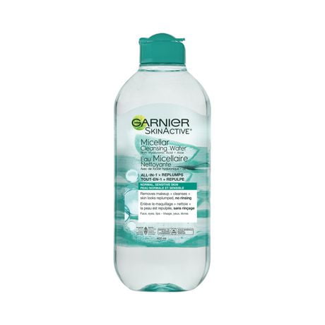 Garnier Micellar Cleansing Water, All-In One Hydrating and Replumping Makeup Remover + Face Cleanser with Hyaluronic Acid & Aloe, Hypoallergenic, Normal to Sensitive Skin, 400 mL, This Micellar cleanses, removes makeup & replumps
