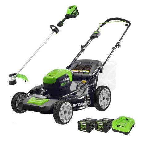 Greenworks 80V 21" Mower + 16" Trimmer, 2x2.0 AH Batteries and Charger Included