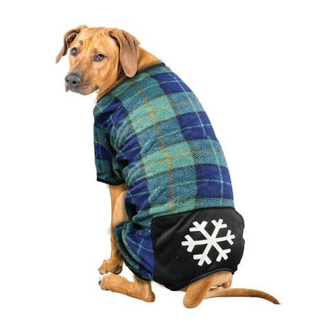 Way to Celebrate Dog Clothes: Fleece Pajama for Dogs, Blue & Green Plaid with Snowflake Screenprint, Size XS-XL