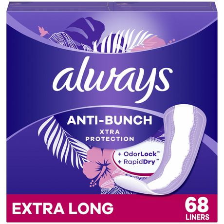 Always Anti-Bunch Xtra Protection Daily Liners, Extra Long Length, Unscented, 68CT