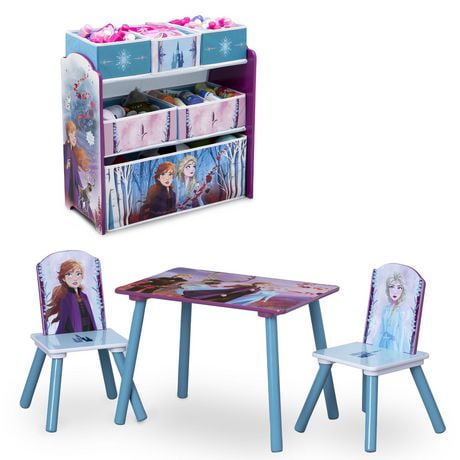 Solution pour salle de jeux de le Reine des Neiges II 4 pièces par Delta Children - L'ensemble comprend une table et 2 chaises et un organisateur de jouets à 6 bacs
