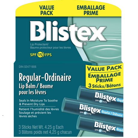 Blistex Regular Lip Balm Value Pack Sunscreen / Lip Protectant, 3 x 4.25g sticks SPF 15