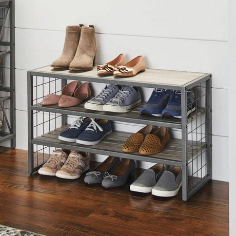 Mainstays 3-Tier Stackable Shoe Rack, Decorative Gunmetal Grey Wood and Metal Shoe Rack; Item size:30 in. W x 12 in. D x 18 in. H