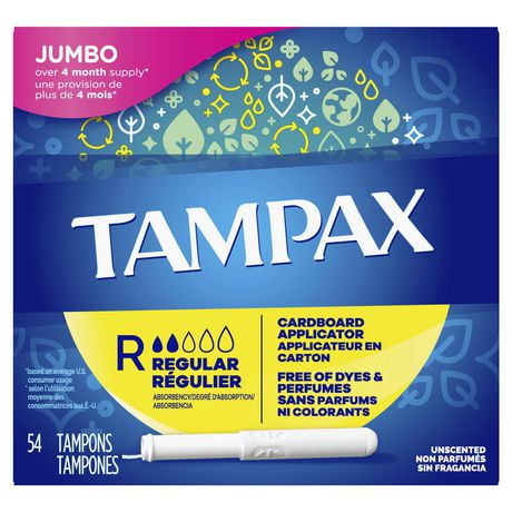 Tampax Cardboard Tampons Regular Absorbency, Anti-Slip Grip, LeakGuard Skirt, Unscented, 54 Tampons
