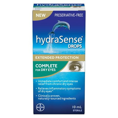 hydraSense Formule complète pour yeux secs – Gouttes oculaires sans agent de conservation offrant un soulagement de la sécheresse oculaire, de source naturelle, peuvent être utilisées avec des verres de contact 10 ml