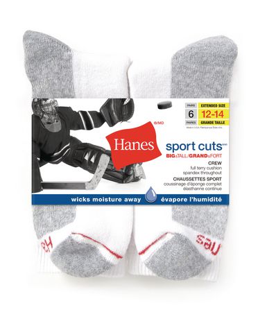 Hanes Men's 6 Pack Sports Cuts Big & Tall Crew Socks, Sizes 12-14 