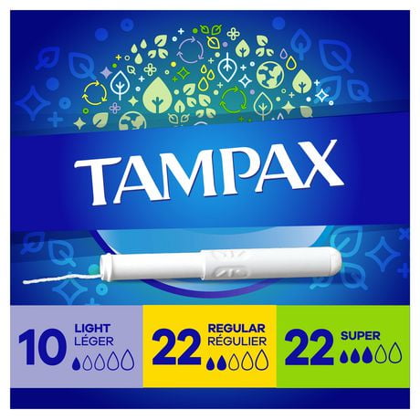 Tampons Tampax avec applicateur en carton, degrés d’absorption variés, embout facile à saisir, jupette anti-fuites LeakGuard, non parfumés 54 tampons